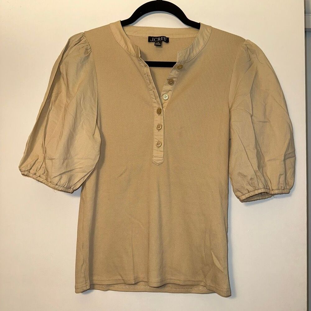 J. Crew Womens Medium Ribbed Henley Shirt Short Puff Sleeves Solid Tan EUC